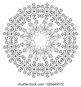 Abstract pattern of snowflakes, black contours isolated on white background. Vector