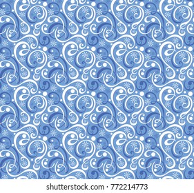 Abstract pattern with snowflakes and swirls on blue