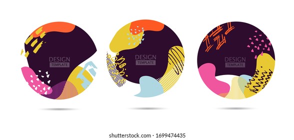  Patrón abstracto.Plantillas de historias en medios sociales. Cartel de venta estacional. Antecedentes de tendencias.  Brillantes colores con garabatos dibujados a mano Fiesta de cumpleaños o invitación al aniversario. Conjunto de fondo de patrón.