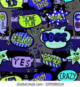 Abstract  pattern with speech bubble for boys. Neon Gamer print. Graffiti style background for textile, prints, paper products, the Web. 
