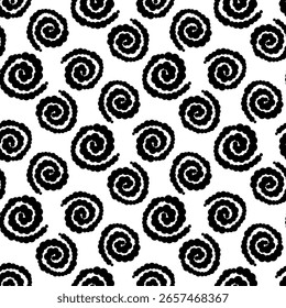 Abstract pattern of spirals, a line with dots of different thickness. A brush for creating lines with dots. Monochrome. A drawing with hand-drawn effects. A seamless texture of circles and dots