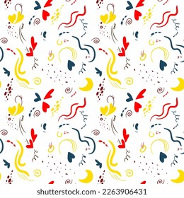 Abstract pattern of spots, dots, lines and spirals of bright colors. Seamless vector image.