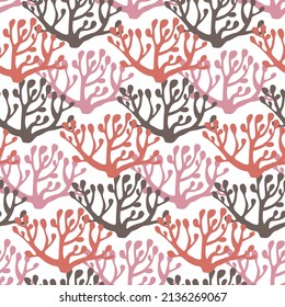 Abstract pattern with sprigs of pink corals on white background. Seamless print with underwater plants for design of travel products, floral fabrics, women's textiles. Sea nature vector illustration.