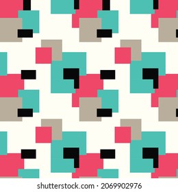 Abstract pattern from squares background. Pink, cyan, black and beige. Cute and pretty abstract background. 