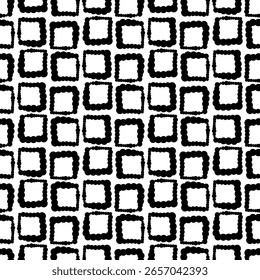 Padrão abstrato com quadrados de diferentes espessuras. Pincel úmido para criar cores claras e desfocadas. Monocromático. Padrão repetitivo com efeitos desenhados à mão. Textura perfeita com impressão ruim, grunge.