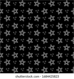 Patrón abstracto de estrellas con un contorno blanco sobre un contorno negro con otros elementos decorativos, ilustración vectorial, textil, impresión