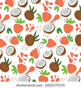 Abstract pattern with strawberry and coconut pattern in flat style. Fresh Seamless pattern. Vector background. Summer time print. For vape, juice or ice cream background.