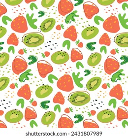 Abstract pattern with strawberry and kiwi pattern in flat style. Fresh Seamless pattern. Vector background. Summer time print. For vape, juice or ice cream background.