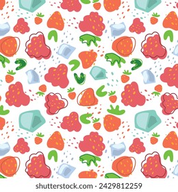 Abstract pattern with strawberry, Raspberries and ice cube pattern in flat style. Fresh Seamless pattern. Vector background. Summer time print. Lemonade wallpaper.