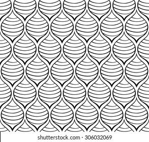Abstract pattern from striped stylized drops. Vector ornament of curved lines. Seamless simple pattern of black elements on a white background.