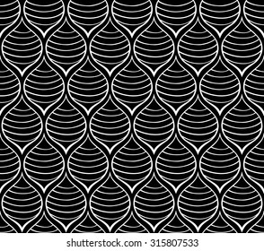 Abstract pattern from striped stylized drops. Vector ornament of curved lines. Seamless simple pattern of white elements on a black background.