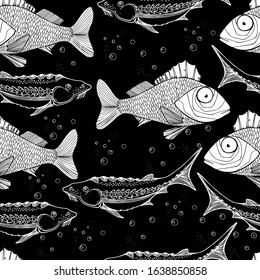 Abstract pattern, sturgeon or beluga fish, ruff in black and white. isolated illustration on black, fish day, fishing. Fish restaurant. Wild life. Manual graphics. Background for textile, wallpaper.