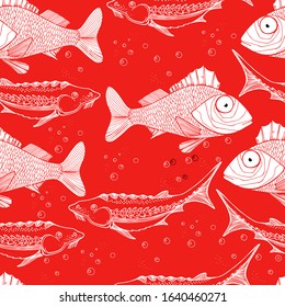 Abstract pattern, sturgeon or beluga fish, ruff in black and white. Isolated fish illustration on red, day, fishing. Fish restaurant. Wild life. Manual graphics. Background for textile, wallpaper.