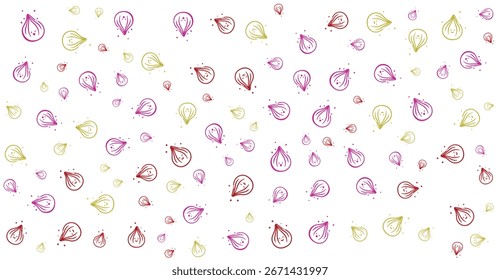 Patrón Abstractas de Formas de cebolla estilizadas en rosa, rojo y amarillo sobre un fondo blanco.