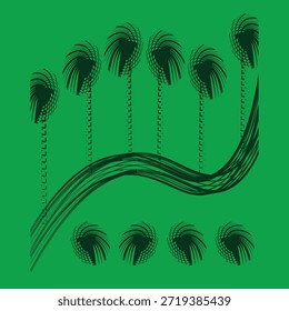 Patrón Abstractas de palmeras estilizadas en textura de puntos negros sobre un fondo verde con líneas onduladas oscuras. Diseño de naturaleza tropical.