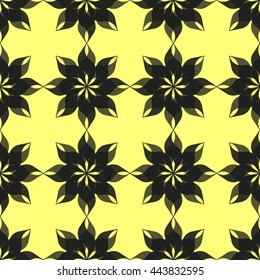 Abstract pattern of stylized semitransparent black eight-petal flowers on yellow background. Seamless repeat.
