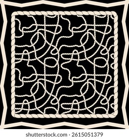 Abstract pattern with stylized wavy ropes and avant-garde frame on black background. Minimalist palette. Doodle pattern can be used as seamless print. Exotic backdrop for textile, cover, tile. Vector.
