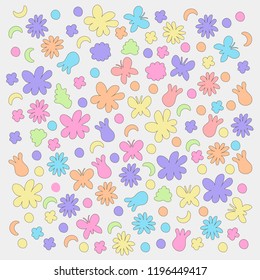 Abstract pattern summer flowers and butterflies colored on white background isolate vector bright