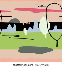 Abstract Pattern with sunset on landscape. Artistic contemporary nature seamless texture. Ready design ideas for for poster, trendy card, invitation, placard, brochure, flyer, presentation and more.