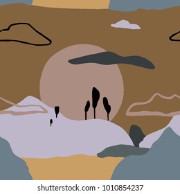 Abstract Pattern with sunset on mountains . Artistic contemporary nature  seamless texture. Ready design ideas for for poster, trendy card, invitation, placard, brochure, flyer, presentation and more.