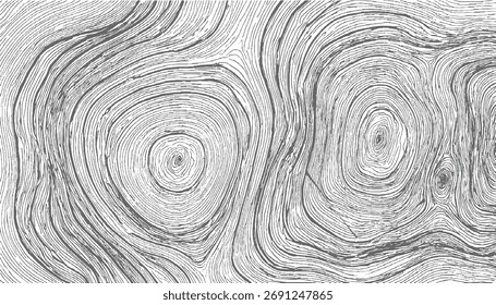 Abstraktes Muster aus wirbelnden grauen Linien auf weißem Hintergrund, die Holzkörnern oder topografischen Konturen ähneln.