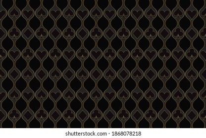 Abstract pattern of symbols of card suit - clubs, tambourines, spades, hearts with a golden outline. Vector graphics on a black geometric background for design and decoration. 
