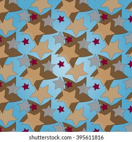 Abstract pattern of taupe colored rotated stars on the sky blue background