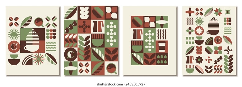 Abstract Pattern Tea Coffee Geometric Poster: A Set of Four Eye-Catching postcard Designs. Design for social media, cover, brochure, background, tamplate