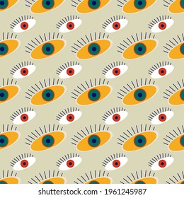 Abstract pattern for textile design or packaging made of eyes on a beige background