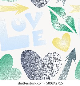 Abstract pattern for textile, fabric, clothes. Vector comic in pop art retro style with dots. Romantic love symbols in yellow and blue colors. Seamless pattern with lips, hearts, arrows.