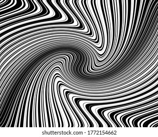 Patrón abstracto. Textura con líneas onduladas y onduladas. Fondo de arte óptico. Diseño ondulado en blanco y negro. Imagen digital con franjas psicodélicas. Ilustración del vector