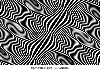  Abstract pattern. Texture with wavy, billowy lines. Optical art background. Wave design black and white. Digital image with a psychedelic stripes. Vector illustration