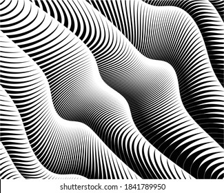 Patrón abstracto. Textura con líneas onduladas y onduladas. Fondo de arte óptico. Diseño ondulado en blanco y negro. Imagen digital con franjas psicodélicas. Ilustración del vector