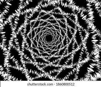  Abstraktes Muster. Textur mit gewölbten, zweiwertigen Linien. Optische Kunsthintergrund. Wave Design schwarz-weiß. Digitales Bild mit psychedelischen Streifen. Vektorgrafik 