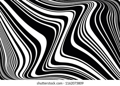 Abstract pattern.  Texture with wavy, curves lines. Optical art background. Wave design black and white. Digital image with a psychedelic stripes. Vector illustration