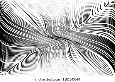 Abstract pattern.  Texture with wavy, curves lines. Optical art background. Wave design black and white. Digital image with a psychedelic stripes. Vector illustration