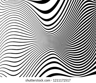 Abstract pattern. Texture with wavy, curves lines. Optical art background. Wave design black and white. Digital image with a psychedelic stripes. Vector illustration 