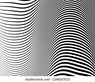 Abstract pattern. Texture with wavy, curves lines. Optical art background. Wave design black and white. Digital image with a psychedelic stripes. Vector illustration  