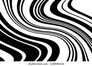 Abstract pattern. Texture with wavy, curves lines. Optical art background. Wave design black and white. Digital image with a psychedelic stripes. Vector illustration  