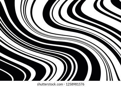 Abstract pattern. Texture with wavy, curves lines. Optical art background. Wave design black and white. Digital image with a psychedelic stripes. Vector illustration  
