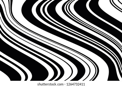 Abstract pattern. Texture with wavy, curves lines. Optical art background. Wave design black and white. Digital image with a psychedelic stripes. Vector illustration  