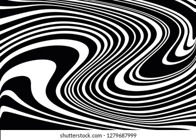 Abstract pattern. Texture with wavy, curves lines. Optical art background. Wave design black and white. Digital image with a psychedelic stripes. Vector illustration  