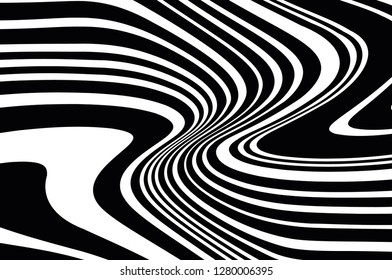 Abstract pattern. Texture with wavy, curves lines. Optical art background. Wave design black and white. Digital image with a psychedelic stripes. Vector illustration  