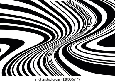 Abstract pattern. Texture with wavy, curves lines. Optical art background. Wave design black and white. Digital image with a psychedelic stripes. Vector illustration  
