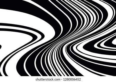 Abstract pattern. Texture with wavy, curves lines. Optical art background. Wave design black and white. Digital image with a psychedelic stripes. Vector illustration  