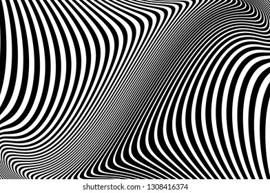 Abstract pattern. Texture with wavy, curves lines. Optical art background. Wave design black and white. Digital image with a psychedelic stripes. Vector illustration