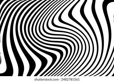 Abstract pattern. Texture with wavy, curves lines. Optical art background. Wave design black and white. Digital image with a psychedelic stripes. Twisted and distorted vector texture in trendy. Y2k 