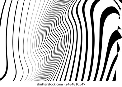 Abstract pattern. Texture with wavy, curves lines. Optical art background. Wave design black and white. Digital image with a psychedelic stripes. Twisted and distorted vector texture in trendy. Y2k 