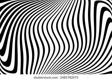 Abstract pattern. Texture with wavy, curves lines. Optical art background. Wave design black and white. Digital image with a psychedelic stripes. Twisted and distorted vector texture in trendy. Y2k 