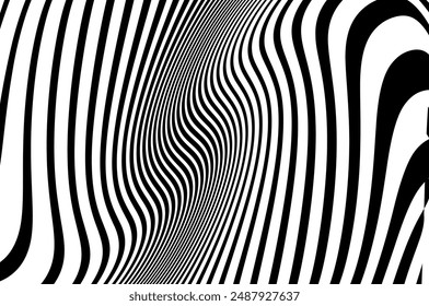 Abstract pattern. Texture with wavy, curves lines. Optical art background. Wave design black and white. Digital image with a psychedelic stripes. Twisted and distorted vector texture in trendy. Y2k 